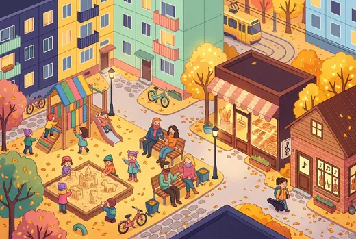 Деца играят на площадка с пясъчни фигури, а дете с цигулка отива към музикалната школа