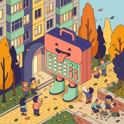 Симпатично чудовище-куфарче с калкулатор вместо корем пред панелен блок