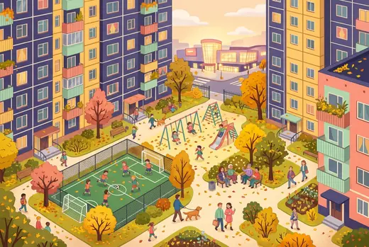 Двор между панелни блокове с люлки, игрище и мол във фона